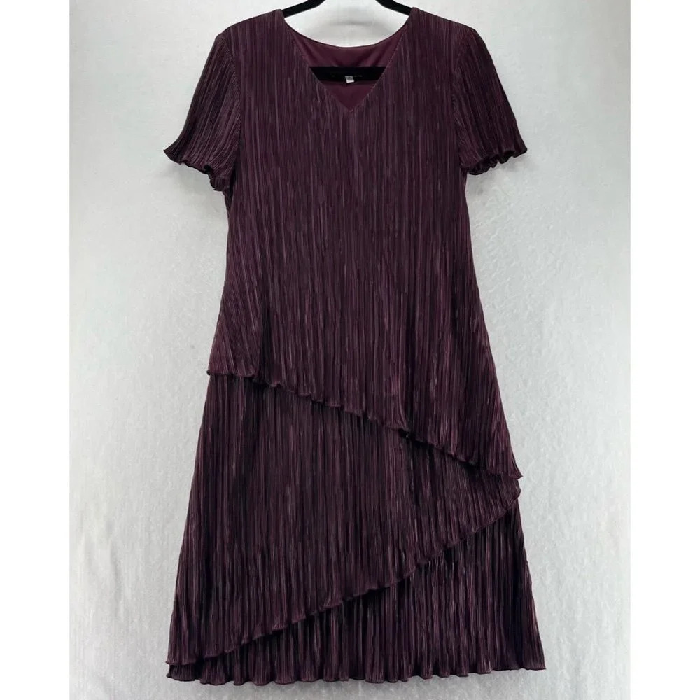 Dressbarn Dress Size 8 Shift Midi Pleated Layered Short Sleeve Pullover Purple - Picture 1 of 12